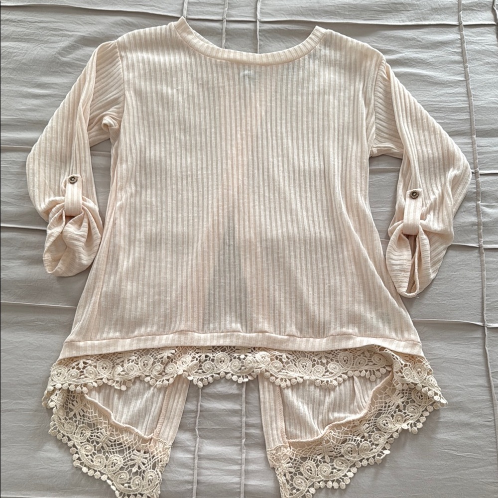 Lily Star, size Medium, Cream Ribbed Top with Lace Hem